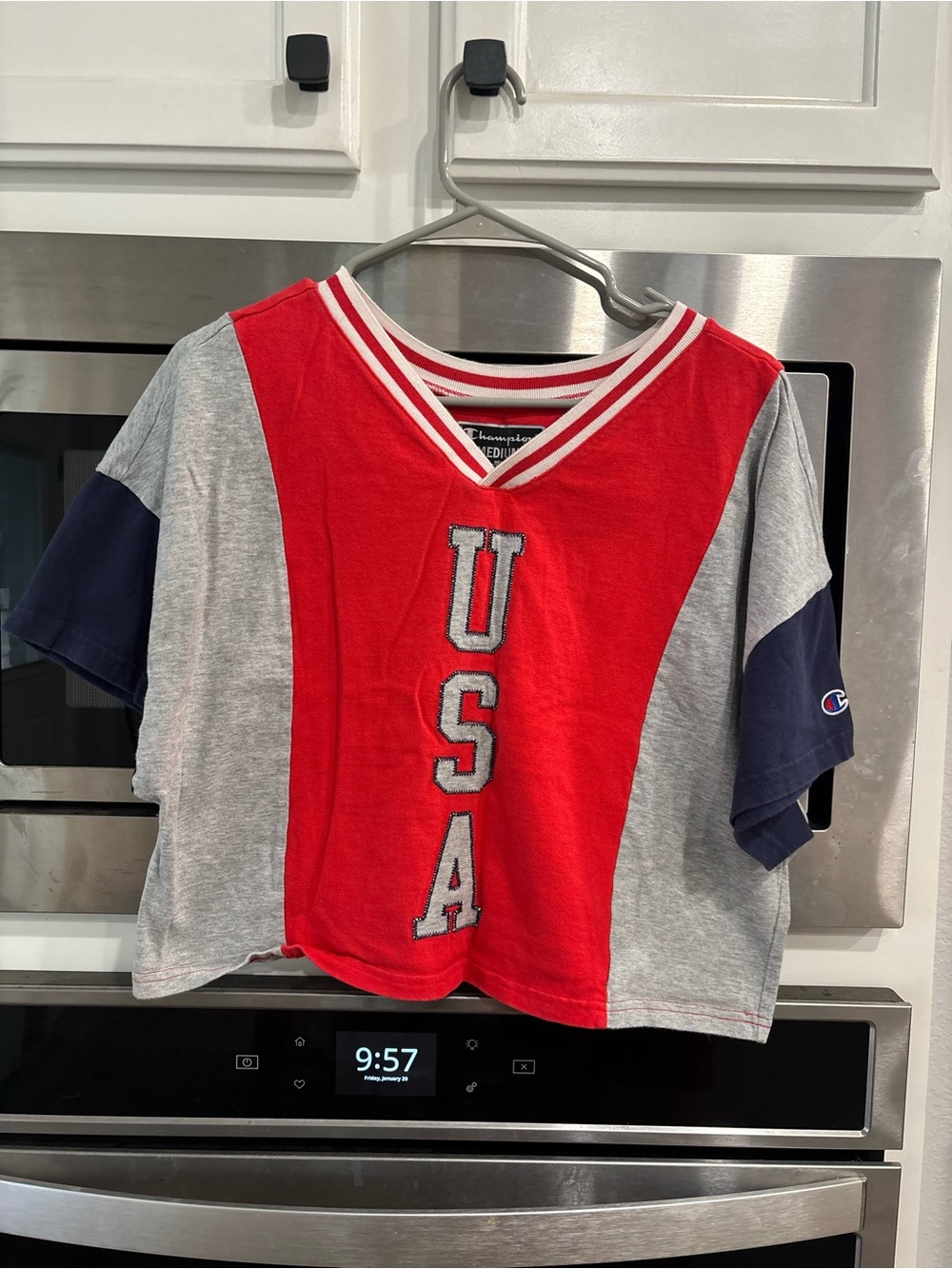 Champion Red Gray Navy USA Colorblock Short Sleeve Tee